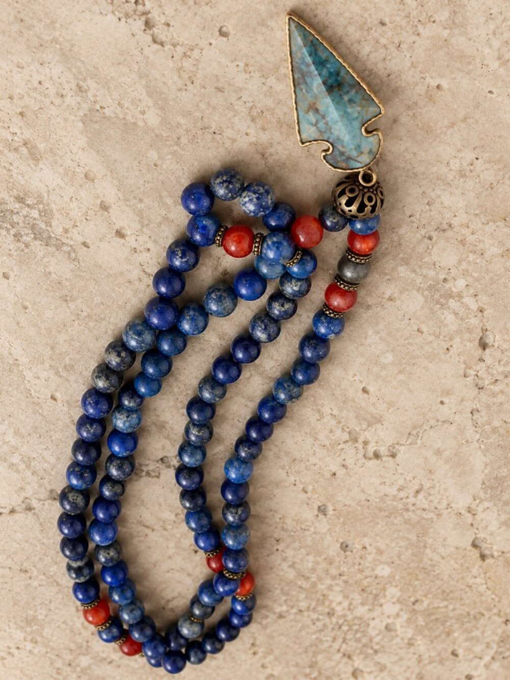 Long Lapis Bead Necklace with Blue Agate Arrowhead